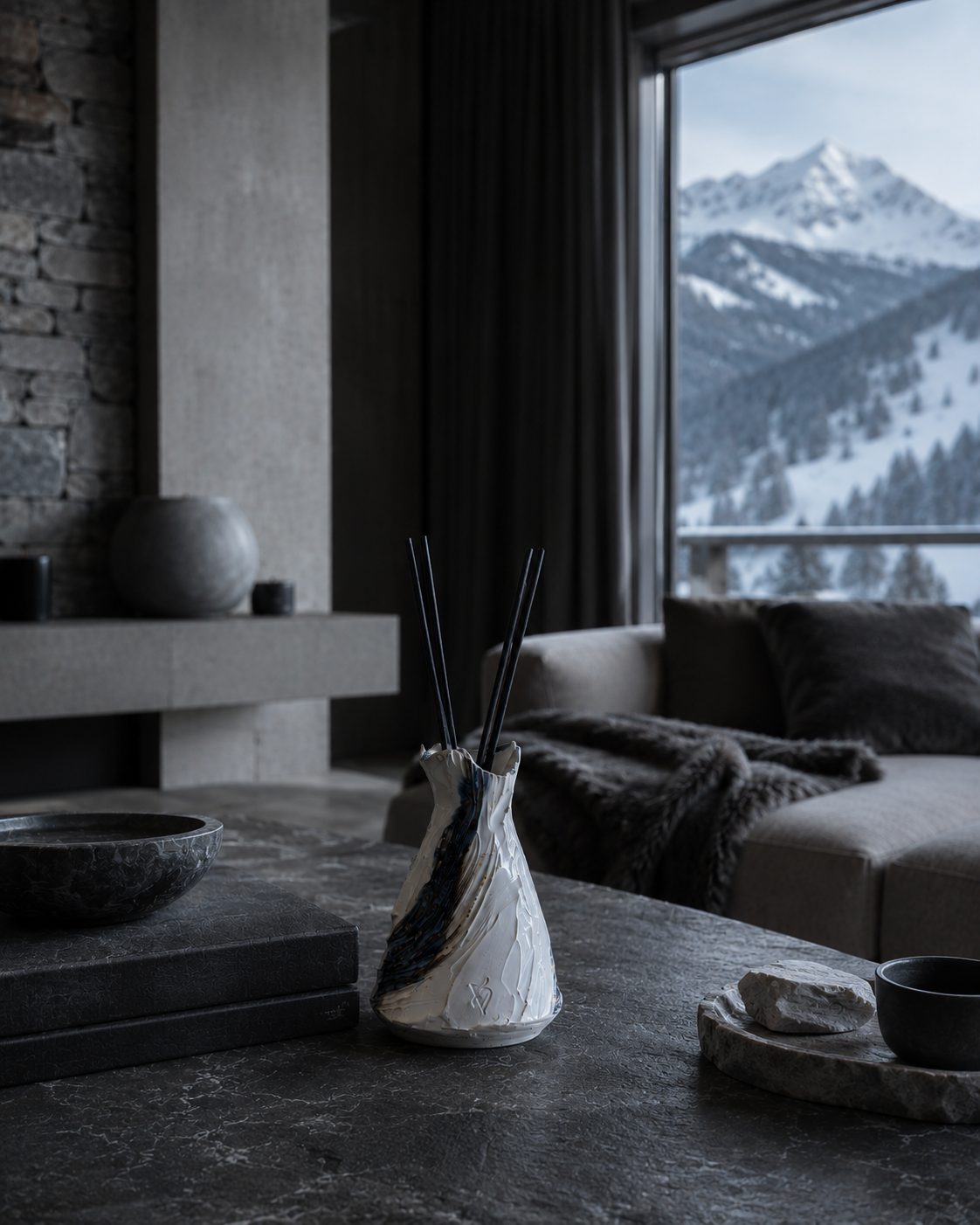 A Valdaire ceramic vessel in a calm, light-filled alpine interior